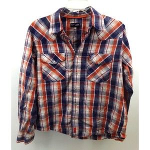 Enuf Jeans Pearl Snap long Shirt Mens SZ Medium orange Plaid Camp Modern Western